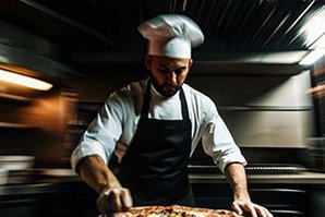 Ein Mann mit Kochmütze macht Pizza