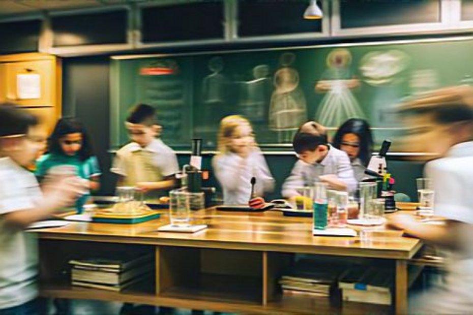 Kinder führen Experimente an einem Tisch mit Reagenzgläsern und Laborgeräten durch, während im Hintergrund eine Tafel mit Zeichnungen zu sehen ist.