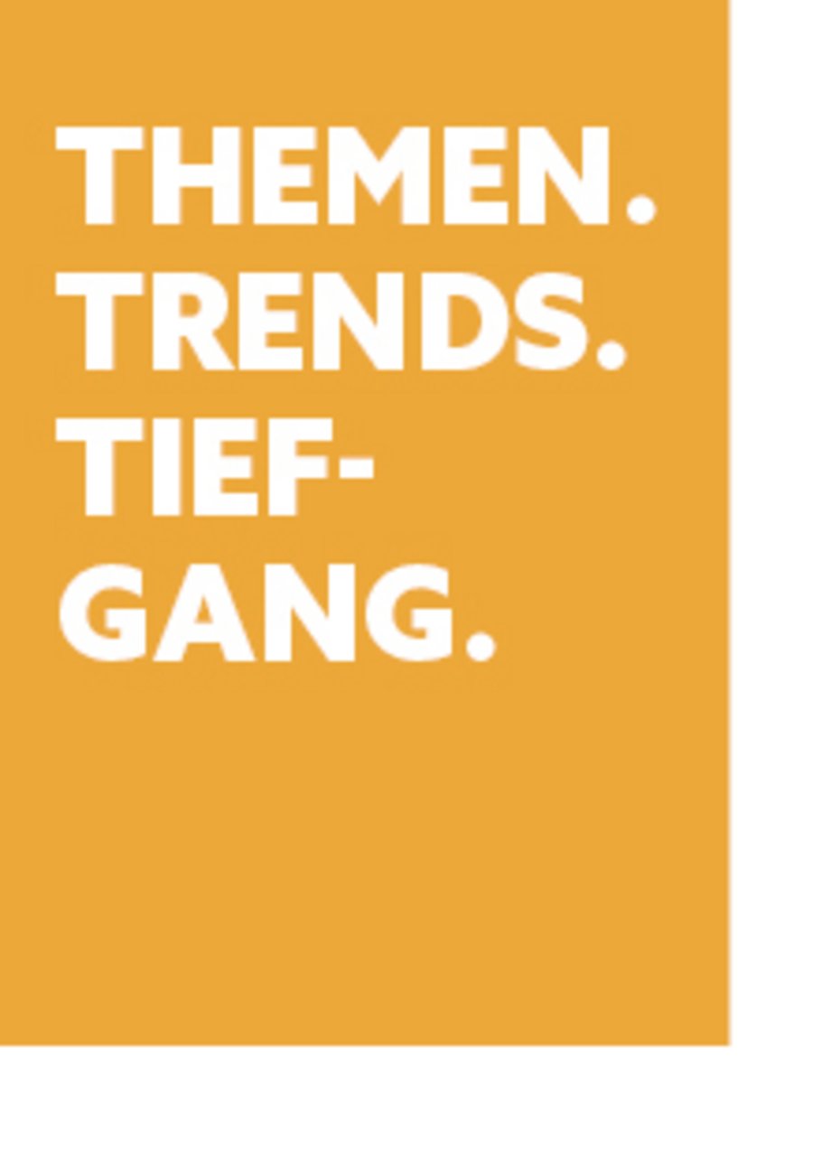 Orangenes Plakat mit weißem Text Themen Trends Tiefgang