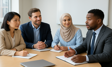 Eine diverse Gruppe von Erwachsenen in einem modernen Klassenzimmer, die gemeinsam Business English lernen